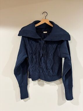 PILCRO Anthropologie Cable Sweater Lace Up Collar 100% cotton sweater twofer